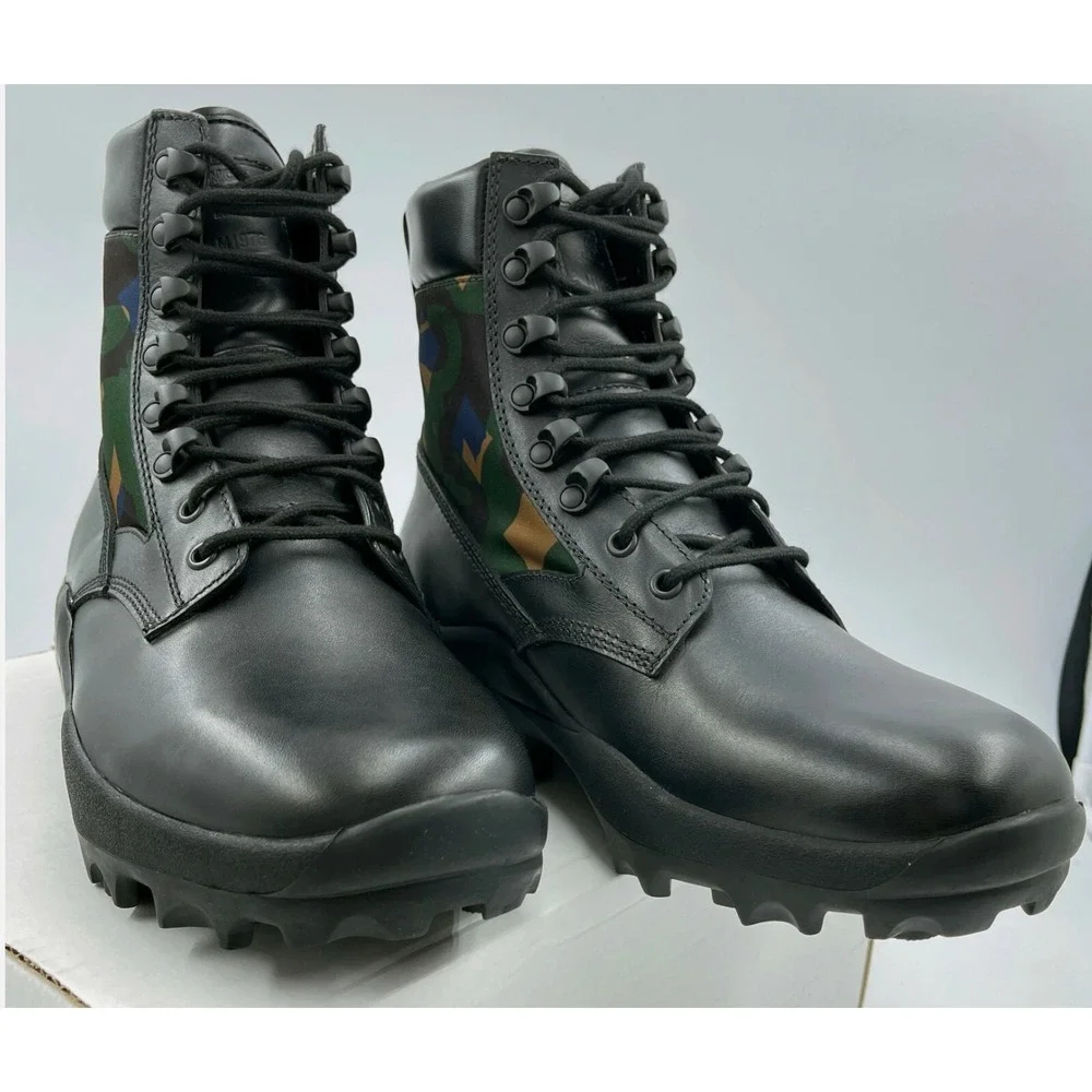 MCM Men's Black Leather Camo Nylon RESNICK‎ Combat Boots Shoes 9AMM80, SZ. 42